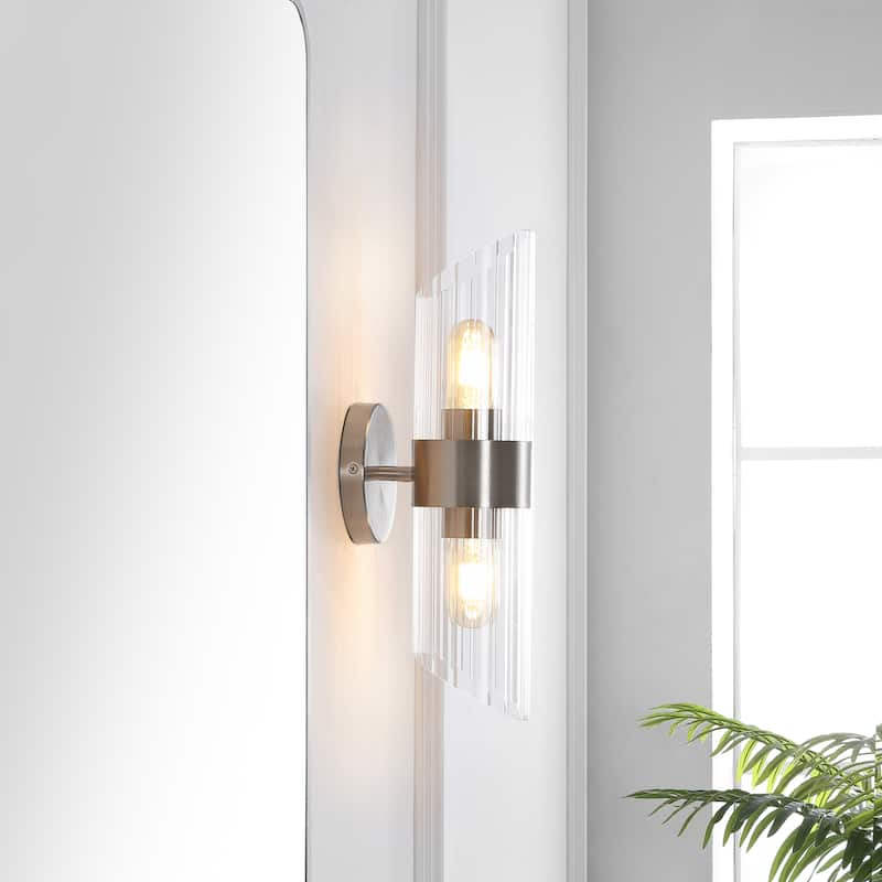 SAFAVIEH Lighting Eytan 2-light 6-inch Glass Wall Sconce with Bulbs (Set of 2) - 6.3 in. W x 4.8 in. D x 16.5 in. H - Nickel