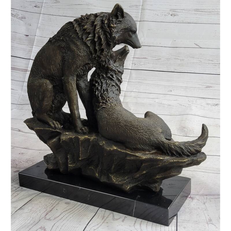 Two Wolves Wolf Family Bronze Metal Sculpture Statue On Marble Base 14 Inches X 14 Inches