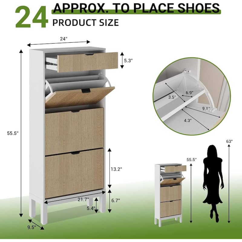 Shoe Storage Cabinet with 3 Flip Drawers, Fluted Shoe Organizer with Metal Legs