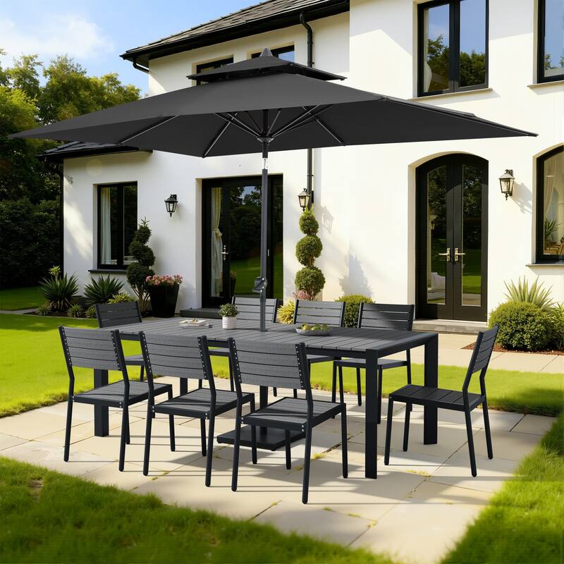 9/11-Piece Outdoor Dining Set w/10 ft Umbrella and Base Aluminum Dining Table and Stackable Chairs - Set of 11 - Grey Table with Black Umbrella
