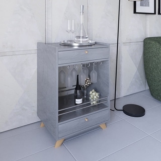 Mini Bar Cabinet with 2 Drawers, Wine, Stemware Shelf, Wood Legs Compact Home Bar Storage