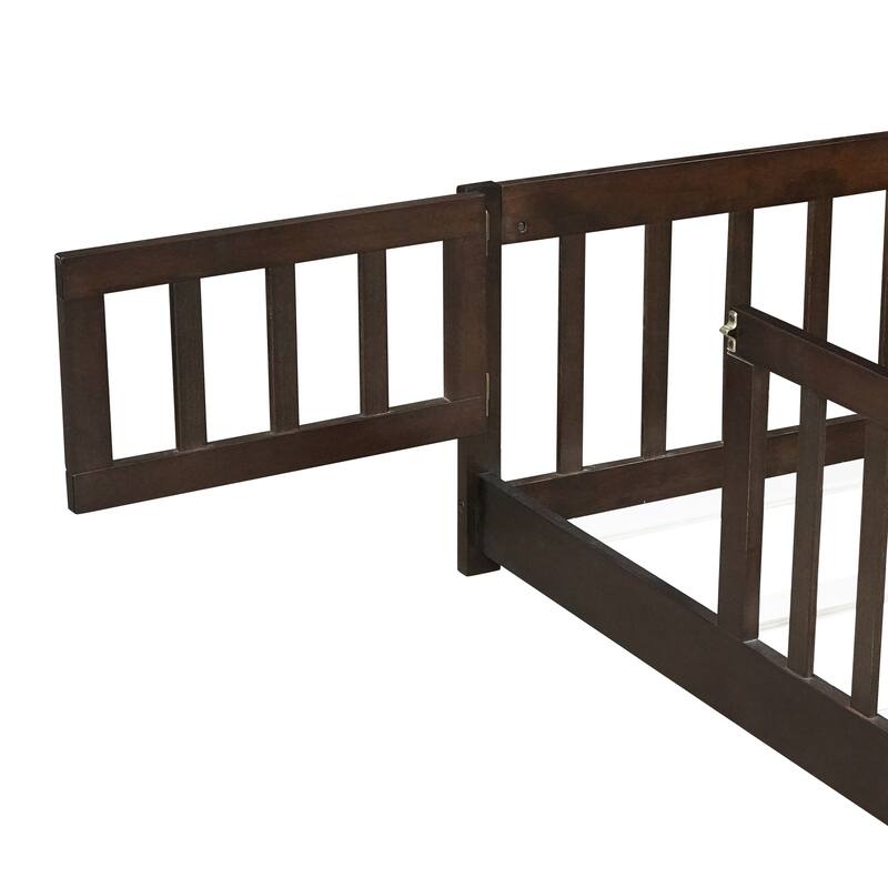 Roomfitters Twin/Full/Queen Rubber Wood Floor Bed with Fence and Swing Door, Safety Guardrails, Low Profile Design