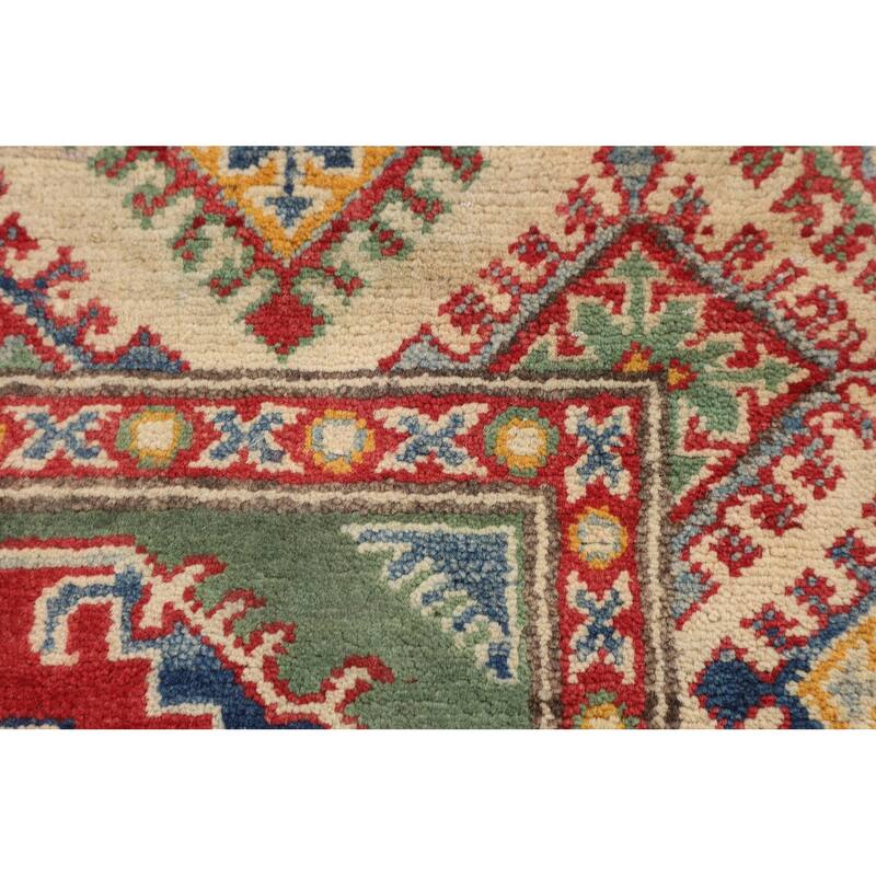 Green Geometric Kazak Accent Rug Hand-Knotted Wool Carpet - 2'9" x 3'11"