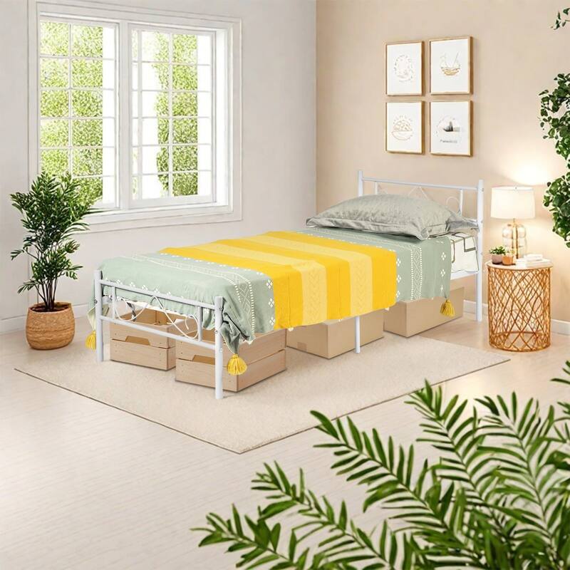 Homy Casa Twin Size White Metal Bed Frame, Clip-In Slats, Center Support, 12" Storage, Noise-Free Platform Bed, No Box Spring