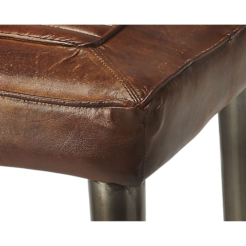 Brown-Grey Leather and Wood Backless Bar Stool with Iron Frame and Footrest - 17” L x 16” W x 32” H