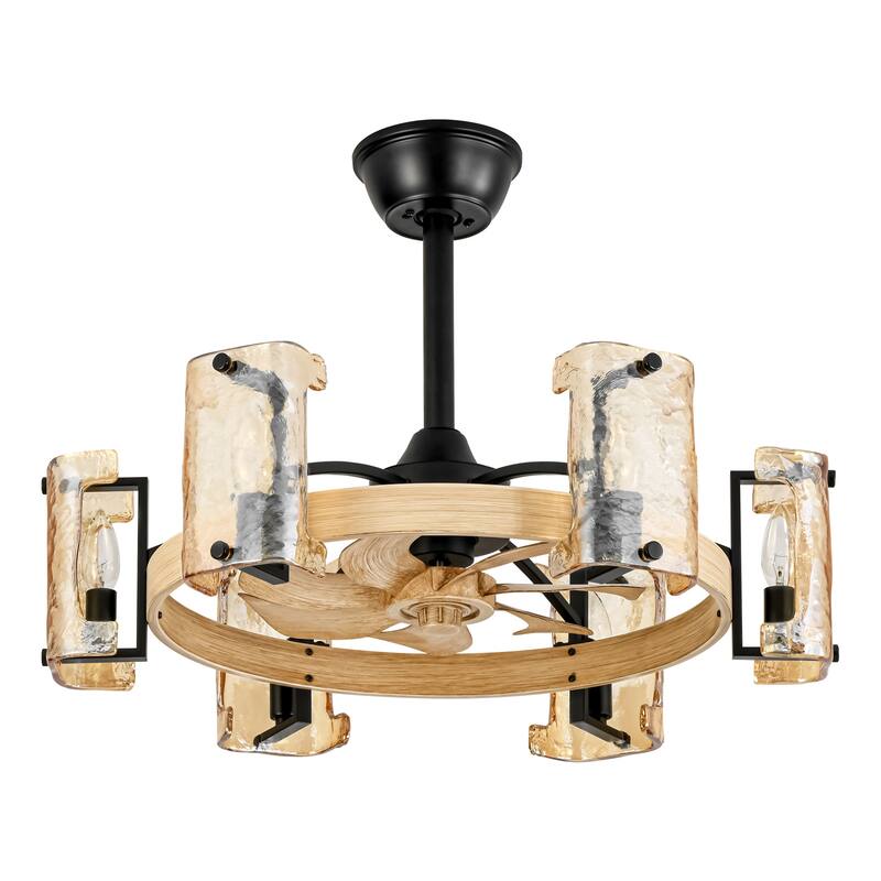 26.4 in. 6-Light Farmhouse Wood Finish Drum Ceiling Fan with Amber Glass Shades and Remote Control - 26.38 in. W x 7.87 in. H