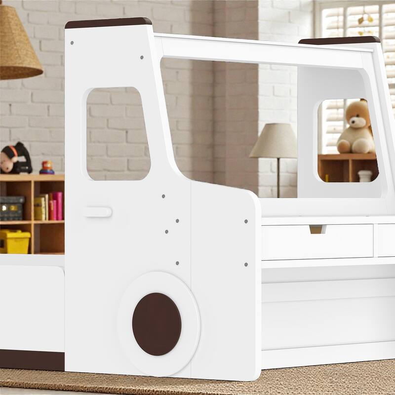 Kids Car Floor Bed with Storage Drawers and Desk, Car-Shaped Wood Floor Bed with Window, Twin Full Sizes