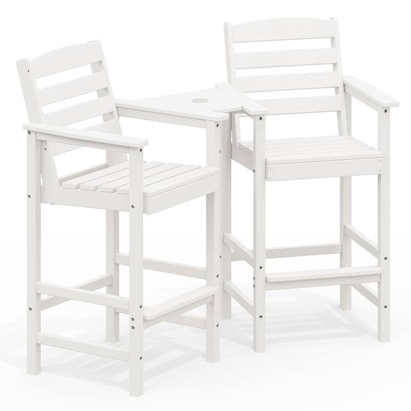 HDPE 2-Piece High Bar Stool Set with Umbrella-Compatible Connecting Panel - White