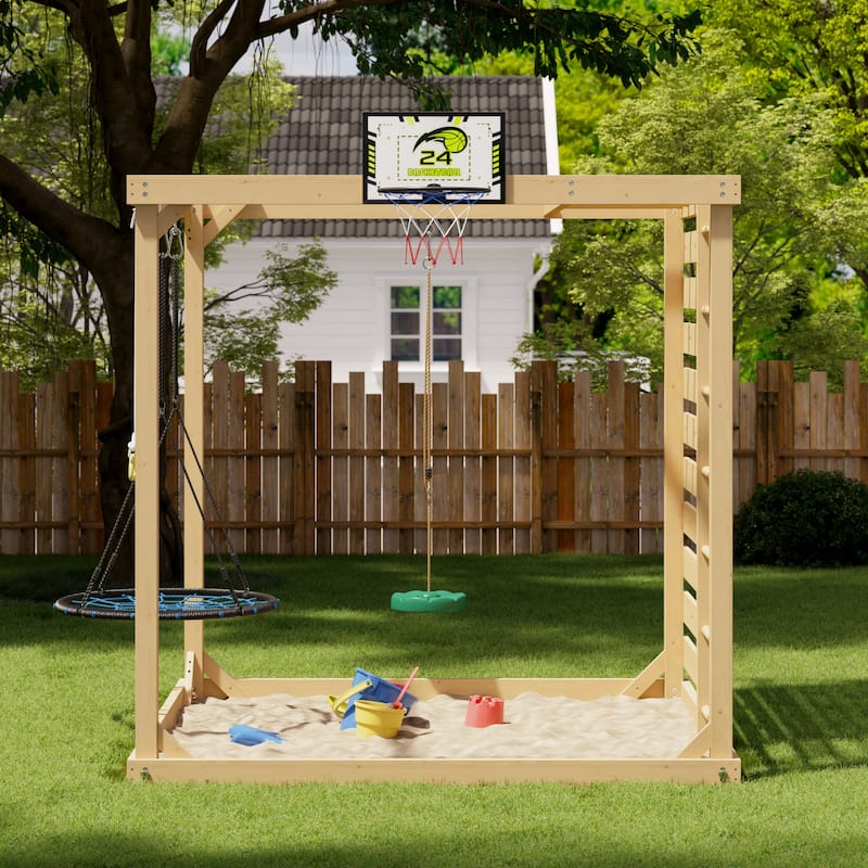 8-in-1 Cedar Wood Outdoor Playset for Backyard, Kids Swing Set with Climbing Wall, Monkey Bars, Basketball Hoop & Sand Box