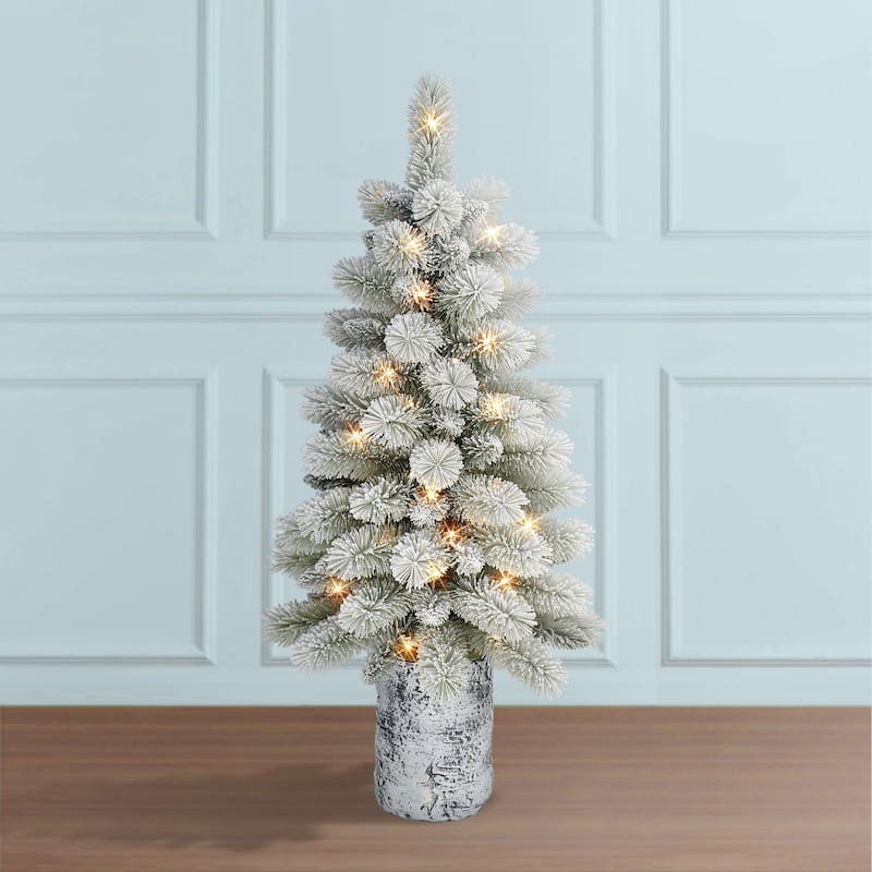 Puleo International 3.5 ft. Battery Operated Potted Flocked Norwegian Pine Artificial Christmas Tree