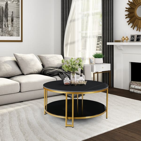 Marsie Modern Round Marble Coffee Table Twotier Black Gold Tempered