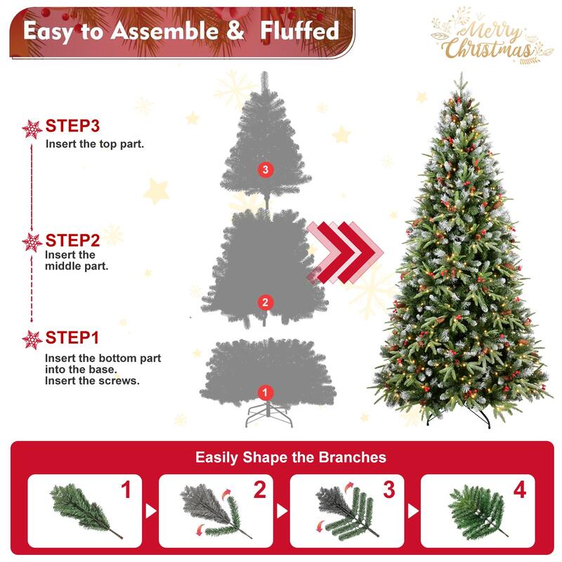 8FT Christmas Tree with 600 Warm White LED Lights - 2850 Snow-Tipped PE+PVC Branches, Red Berries & Pine Cones,Metal Stand