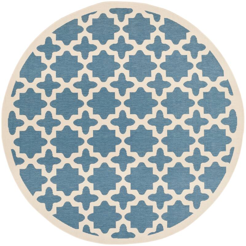 SAFAVIEH Courtyard Dorthey Indoor/ Outdoor Waterproof Patio Backyard Rug - 7'10" x 7'10" Round - Blue/Beige