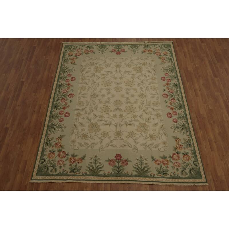 Hand Knotted Oriental 100% Wool Carpet Traditional Floral Beige & Ivories Aubusson Area Rug - 9' 8'' X 7' 6''