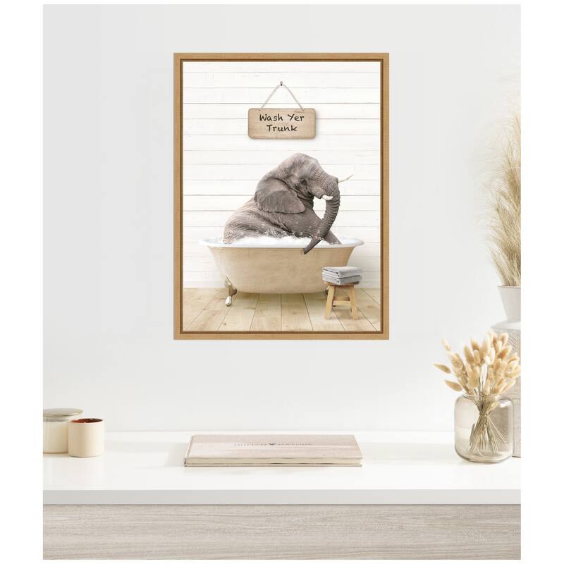 Kate and Laurel Sylvie Young Elephant in Modern Bathtub Wash Your Trunk Framed Canvas by Amy Peterson