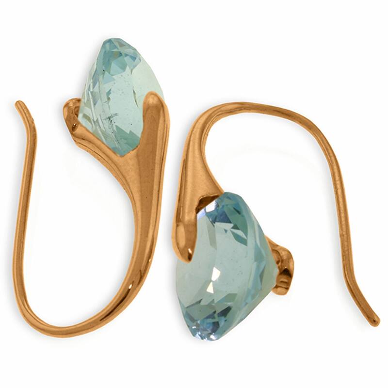 14K Solid Gold Fish Hook Blue Topaz Genuine Gemstone Earrings
