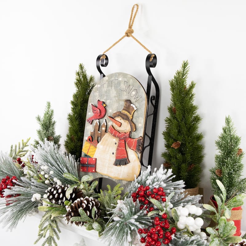 17" LED Lighted Wooden Sled with Snowman and Cardinal Christmas Decoration