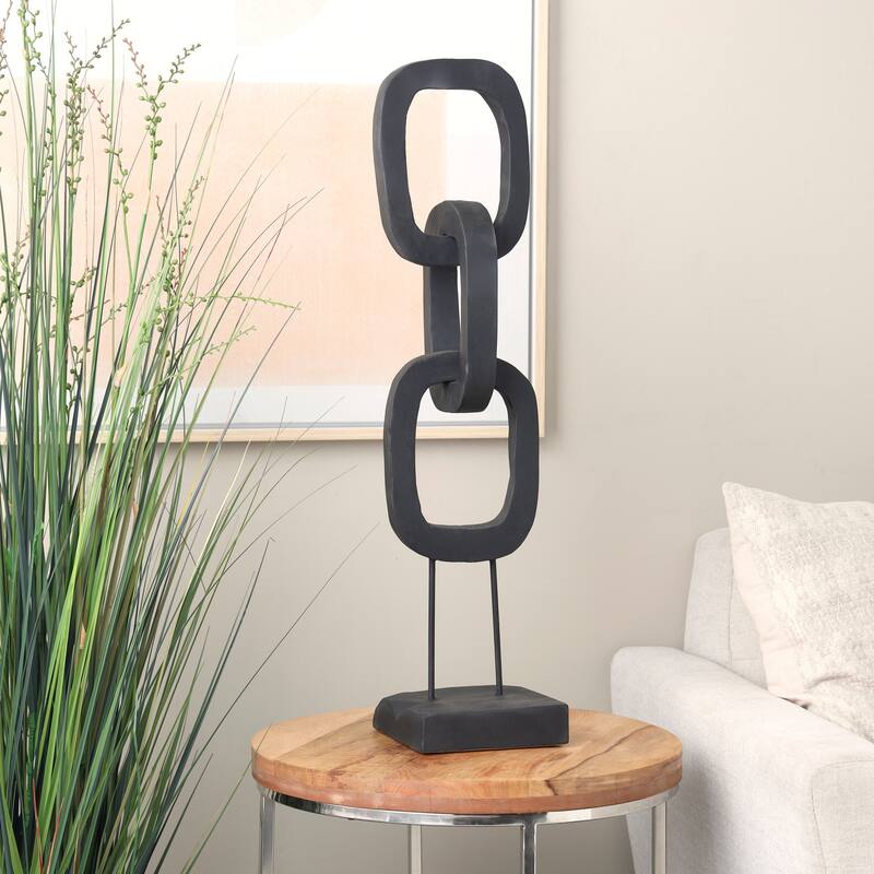 Black or Cream Teak Wood Tall 3 Link Chain Sculpture with Stand - Black
