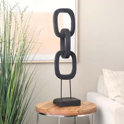 Black or Cream Teak Wood Tall 3 Link Chain Sculpture with Stand