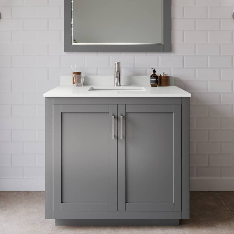 Wyndham Collection WCF292936S-QTZ-UNSM34 Miranda 36" Free Standing - Dark Gray / White Quartz Top / Brushed Nickel