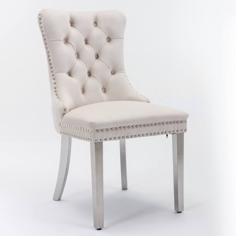 Set of 2 Contemporary High-End Tufted Upholstered Dining Chair with Nailhead & Stainless Steel Legs