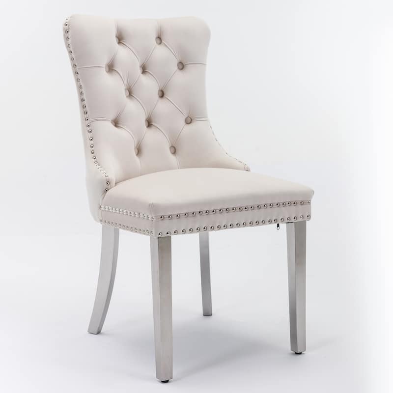 Velvet Fabric Dining Chairs Set of 2, Tufted Upholstered Dining Room Chair with Nailhead Trim & Stainless Steel Legs