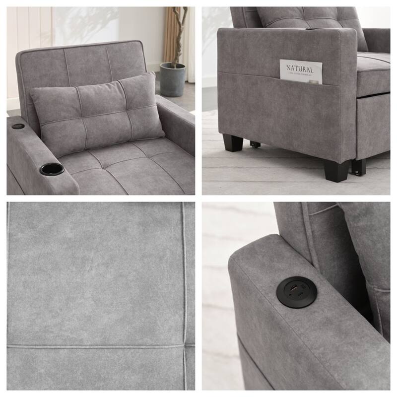 3-in-1 Pull Out Convertible Sleeper Chair w/ USB Ports,Wear Resistant