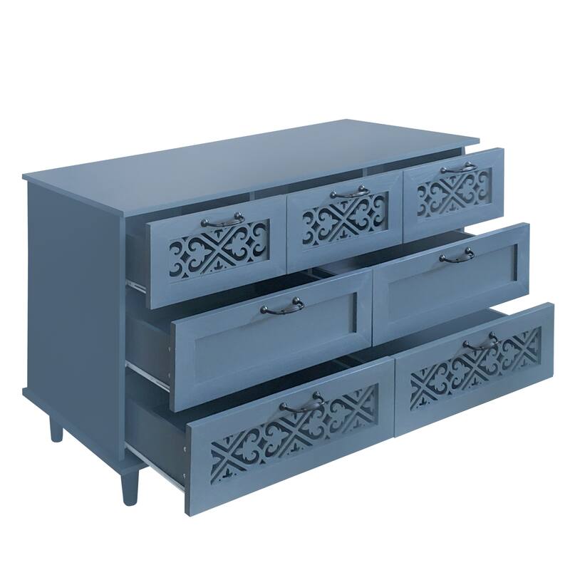 Retro Style 7-Drawer Horizontal Dresser with Carved Drawers Panel and Metal handle for Bedroom, Living Room