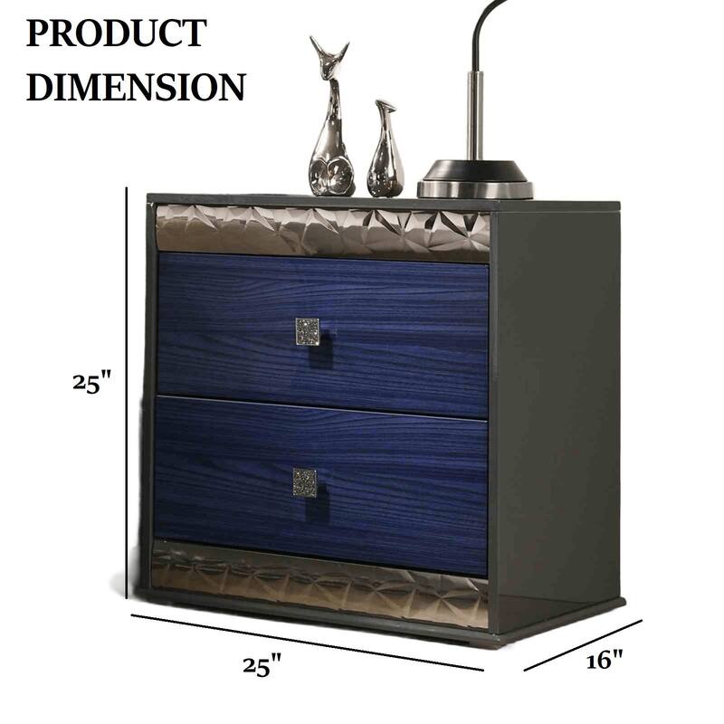 Glam Nightstand - Ash Gray & Indigo Blue Finish with Chrome Molding