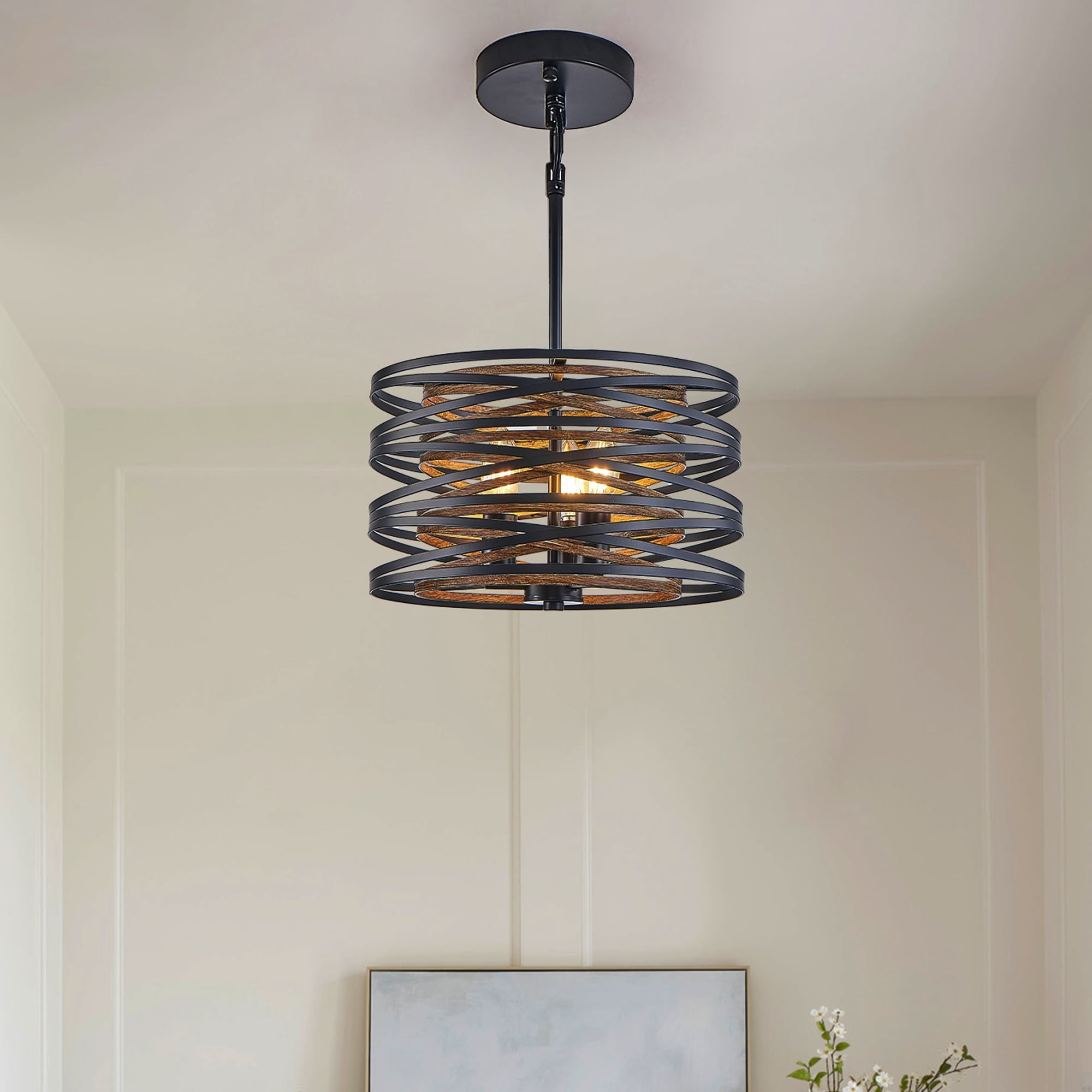 13" Rustic Industrial Pendant Light, 3-Light Black and Walnut Metal Cage Chandelier with Wood Accent