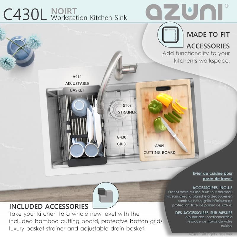 AZUNI 31.25 inch Top Mount Single Bowl Stainless Steel Ledge Workstation Kitchen Sink with Accessories C430L Handmade