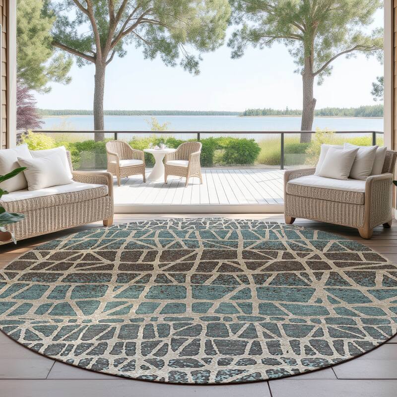 Machine Washable Indoor/ Outdoor Boho Global Chantille Rug - Teal - 8' x 8'