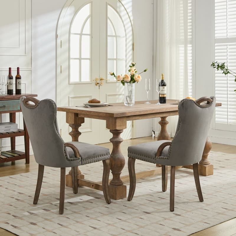 Velvet Dining Chairs with Tufted Trim & Copper Nail Accents - Set of 2