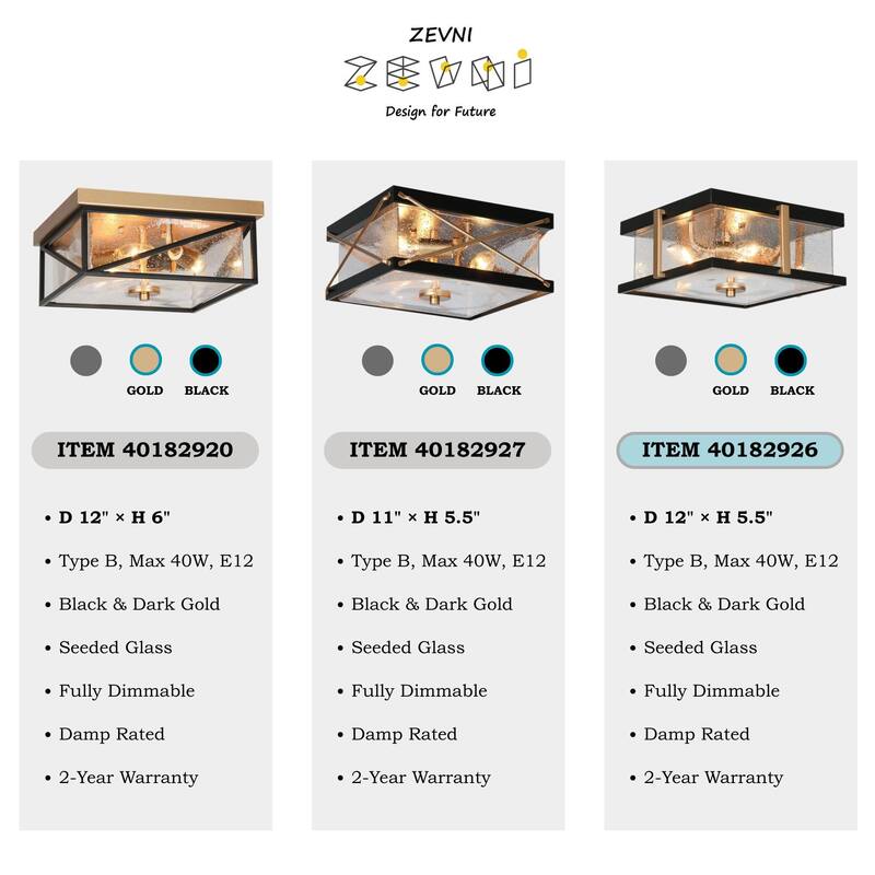 Modern 3-Light Black Gold Square Glass Flush Mount Ceiling Foyer Light - 12" L x 12" W x 5.5" H