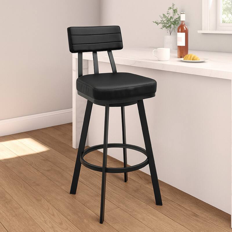Poni Swivel Counter Stool Chair, Black Faux Leather Seat, Iron Base