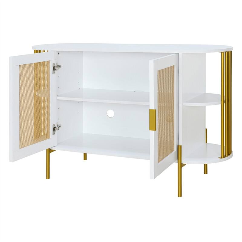 Elegant Curved Buffet Cabinet with 2 Woven Rattan Doors, Sideboard Accent Storage Cabinet with Storage Shelves & with Gold Trim