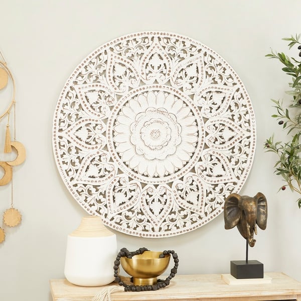 slide 2 of 13, Wooden Handmade Intricately Carved Floral Wall Decor with Mandala Design - Brown or White White
