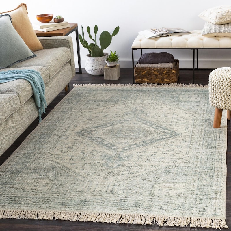 Livabliss Zainab Distressed Medallion Handmade Cotton Area Rug - 2' x 3' - Sage/Cream