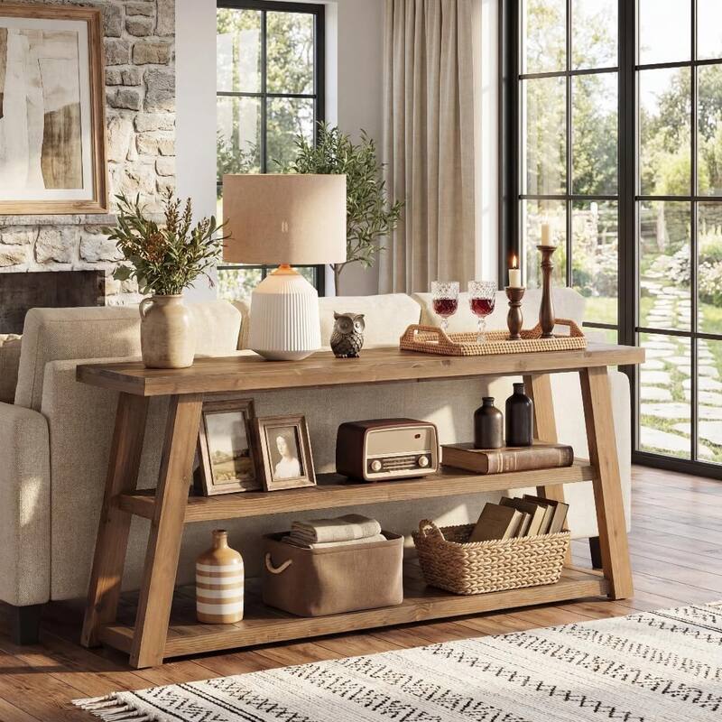 62.99" Solid Wood Console Table, 3-Tier Farmhouse Entryway Table