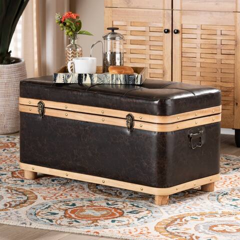 Gendry Modern Rustic Faux Leather and Wood Storage Ottoman Large
