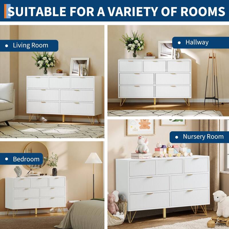 7-Drawer Dresser for Bedroom, 47.2" Wide Modern Wooden Chest with Gold Metal Legs & Handles