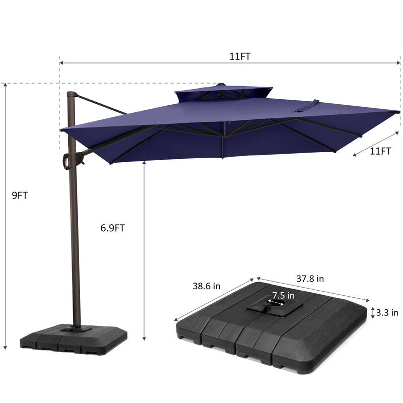 Pellebant 11 ft Patio Cantilever Offset Umbrella Double Top with Base