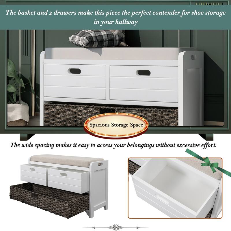 Storage Bench with Removable Basket & Drawers, Fully Assembled Benches Bench with Removable Cushion, for Entryway or Livingroom