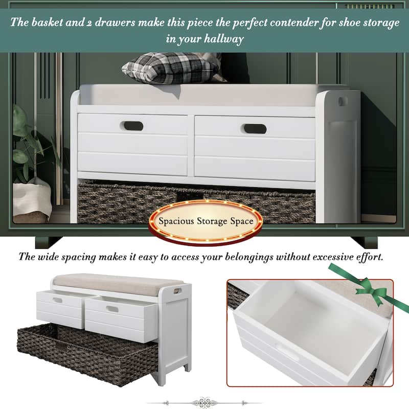 Wood Shoe Storage Bench with 2 Drawers, Large Basket and Removable Seat Cushion for Entryway Hallway Front Door