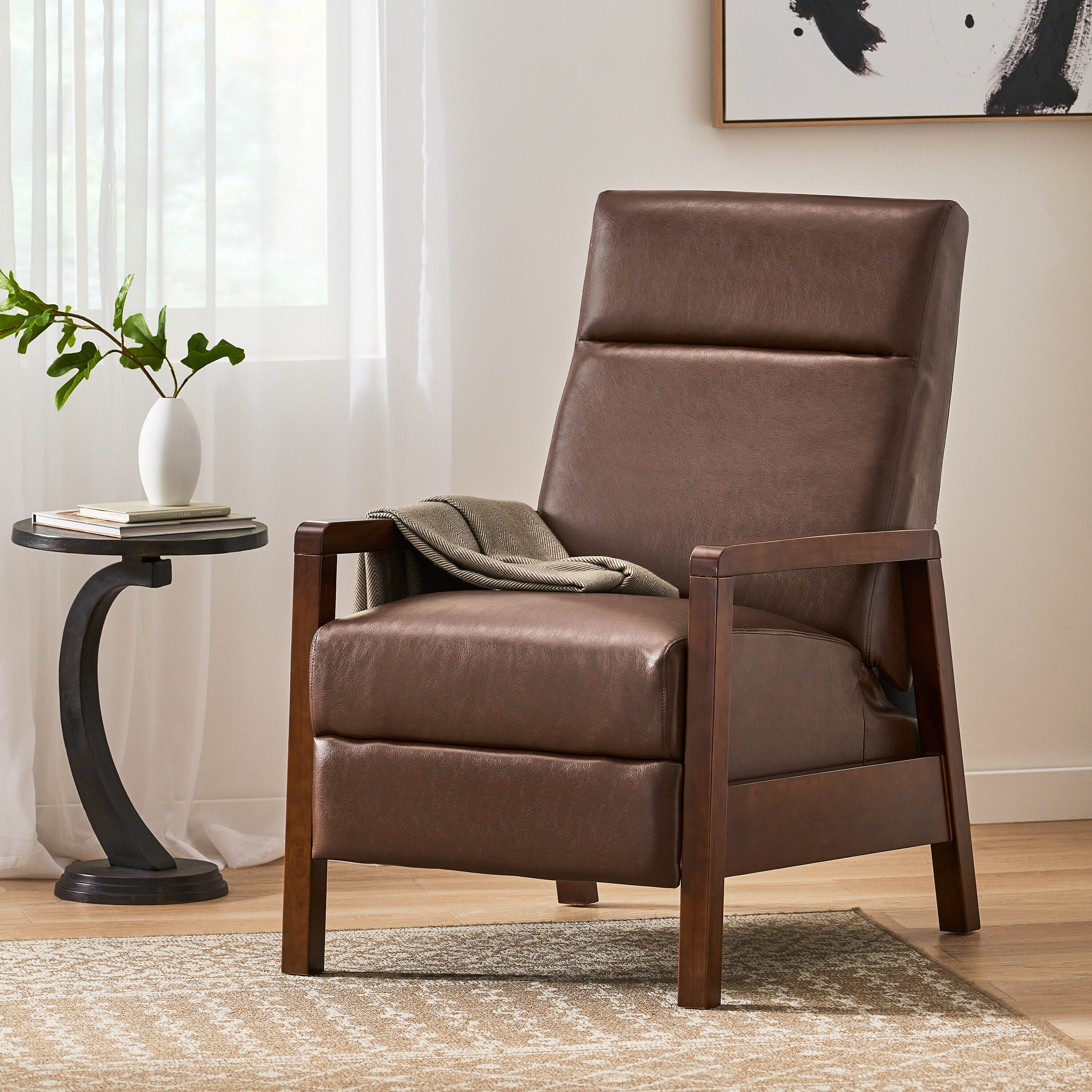 Dark Brown Faux Leather Pushback Recliner with Mid-Century Design