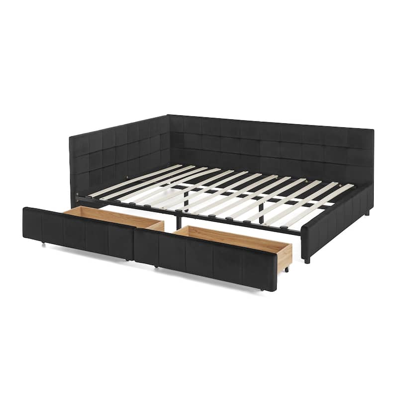 Mid-Century Queen Velvet Daybed with Storage Drawers, Tufted Upholstered Sofa Bed Frame with Backrest & Armrest