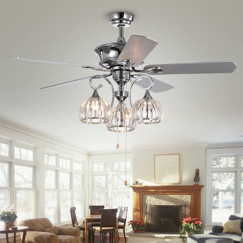 Mavyn Chrome 5-Blade 52-Inch 3-Light Lighted Ceiling Fan w Crystal Chandelier 2 Blade Colors (Optional Remote)