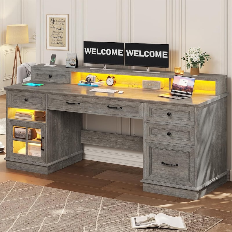 Executive Desk with Drawers Computer Desk with File Drawers Power Outlet LED Lights Storage Cabinet Monitor Shelf - Grey