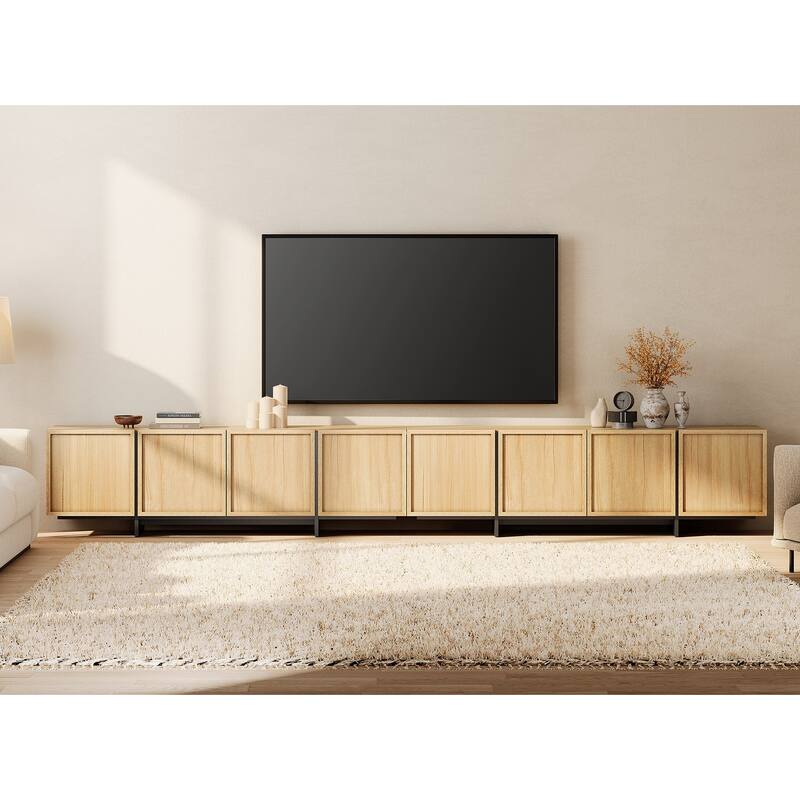 WAMPAT TV Stand with T-Shaped Legs, Modern Entertainment Center with 4 Storage Cabinets, Media Console TV Table for Living Room