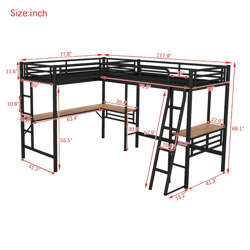 L-shape Metal Frame Loft Bed with Corner Desk and Workstation